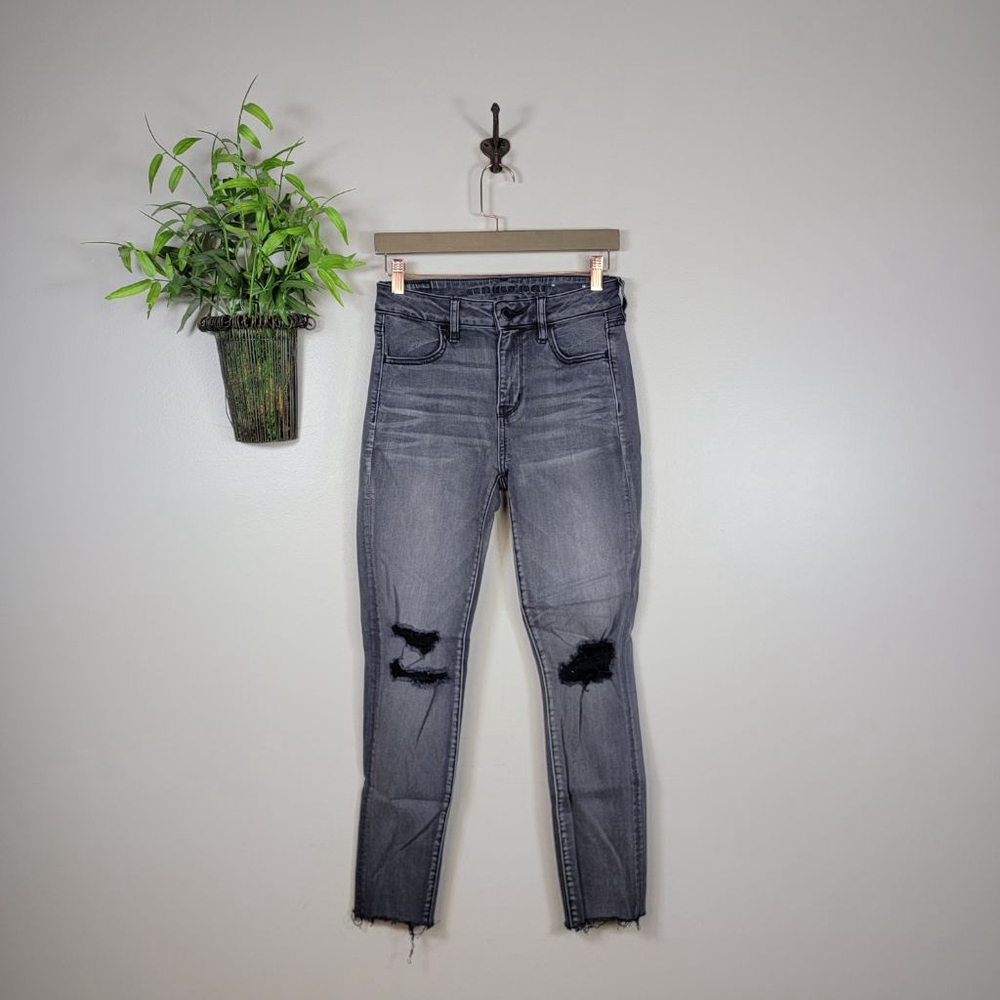 American Eagle Jeans Hi Rise Jegging Black Ripped Skinny Distressed Frayed AE 4